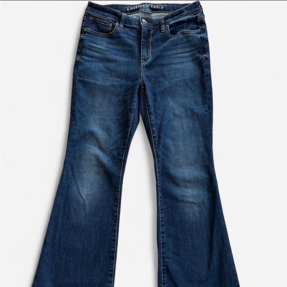 American Eagle Outfitters Dark Blue super high Rise Flare Jeans size 8 Regular